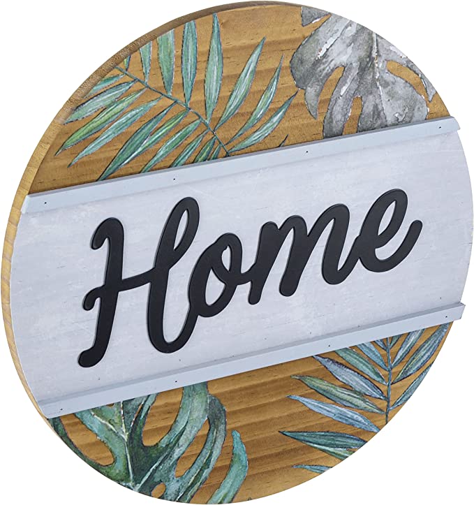 Shabby Chic Round Wooden Wall Hanging HOME Sign with Palm Leaf and Fern Design-MyGift