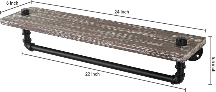 Wall Mounted Rustic Torched Wood Shelf and Industrial Pipe Towel Bar-MyGift