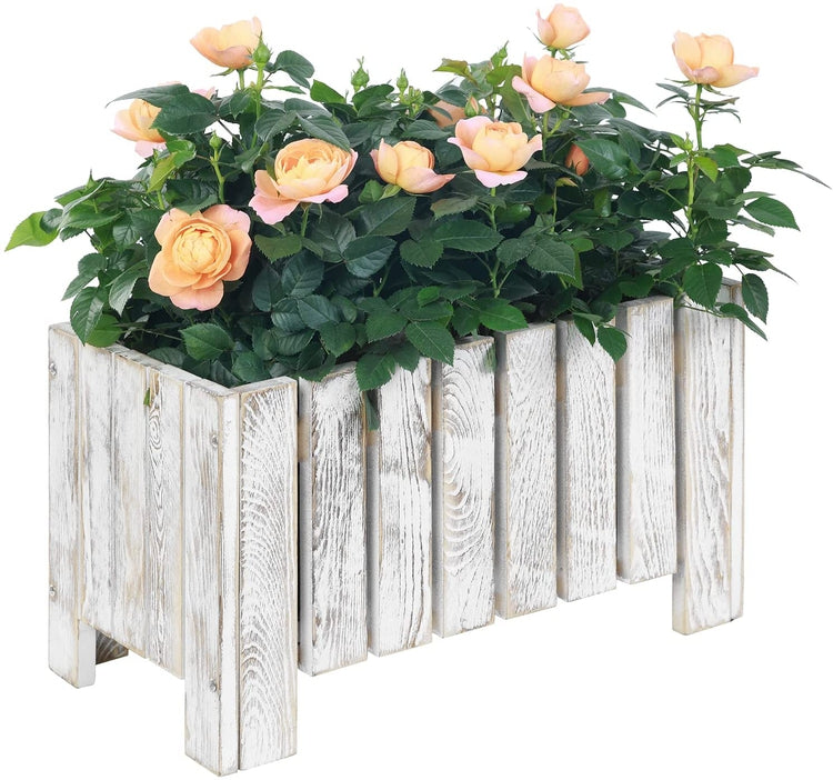 Whitewashed Wood Raised Planter Box, Decorative Slatted Trough Style Small Indoor Plant Crate-MyGift