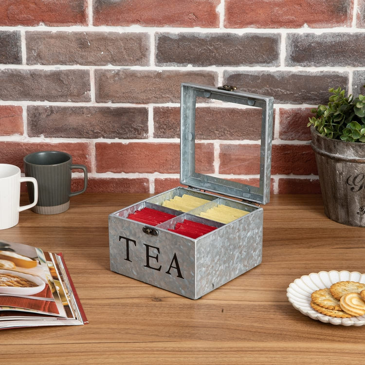 Silver Galvanized Metal Tea Bag Holder Storage Chest with Hinged Clear Lid, Antiqued Brass Latch, TEA Black Lettering-MyGift