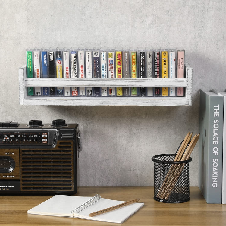 Whitewashed Wood Storage Shelf, Wall Mounted Retro Cassette Tape Holder Display Rack-MyGift