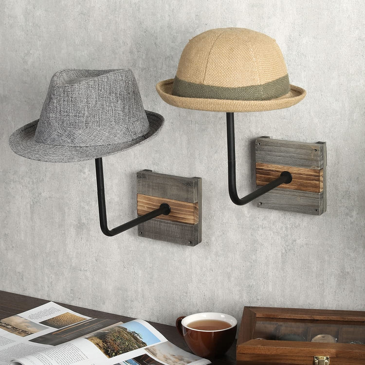 Set of 2, Black Metal Wall Mounted Hat Display Racks with Gray and Burnt Wood Base-MyGift