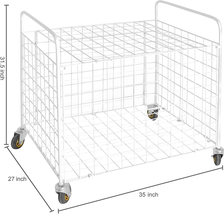 White Standard Multi Sports Rolling Ball Metal Storage Bin For Basketball, Football, Soccer Portable Equipment Cart-MyGift