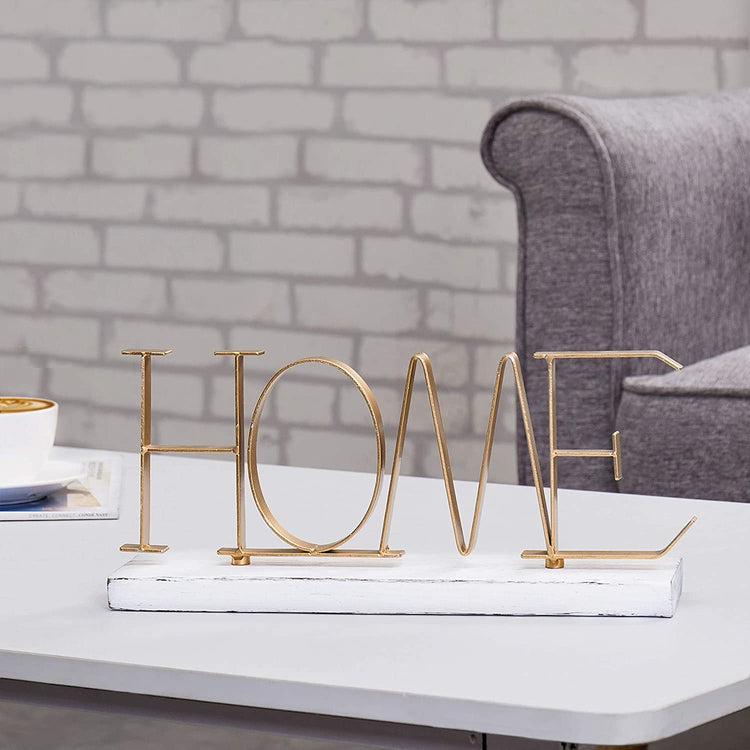 Gold-Tone Metal HOME Letter Decorative Sign with Whitewashed Wood Base ...