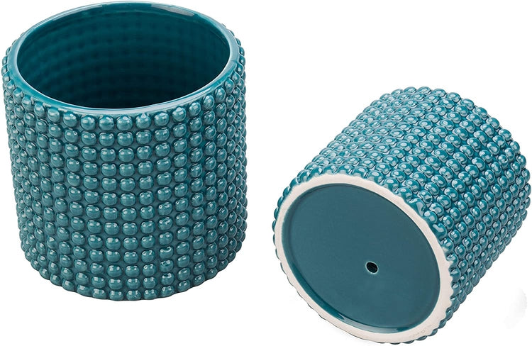 Set of 2, Dark Turquoise Ceramic Hobnail Textured Flower Planter Pots-MyGift