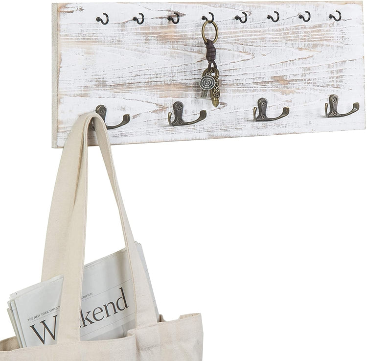 Vintage Whitewashed Wood Wall Mounted Coat Hook and Key Holder Rack-MyGift