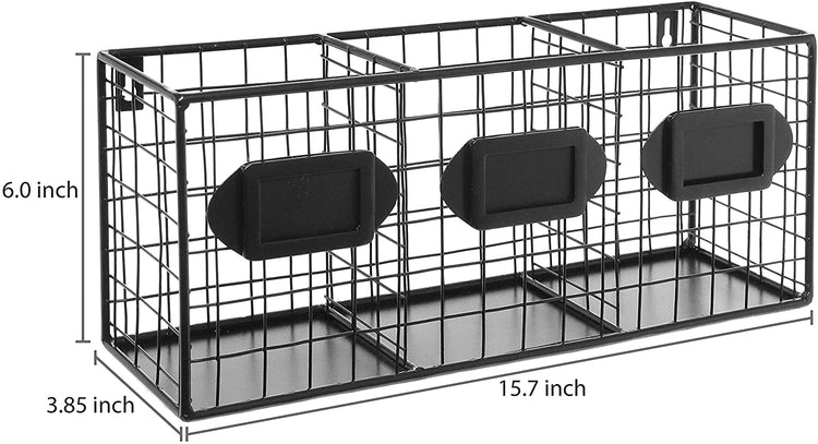 Black Metal Wall Mounted 3 Compartment Storage Basket, Flatware Organizer with Chalkboard Labels-MyGift