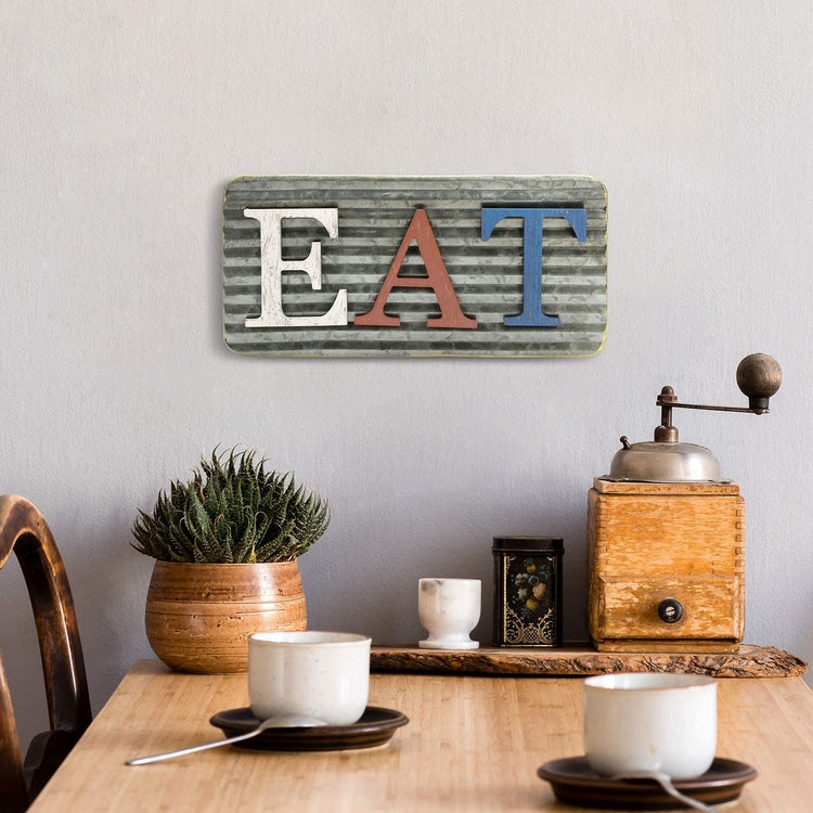 Red, White and Blue Cutout EAT Wood Letters with Corrugated Galvanized Metal Back Hanging Wall Art-MyGift