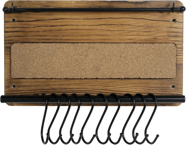 Wall Mounted Jewelry Organizer, Burnt Wood and Black Metal Necklace Holder, Bracelet, Earring Display Rack with S-Hooks-MyGift