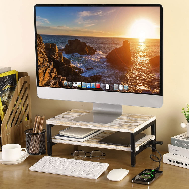 Monitor Stand Riser, Whitewashed Wood and Black Metal Ergonomic Computer Screen Desktop Workstation with USB Ports-MyGift