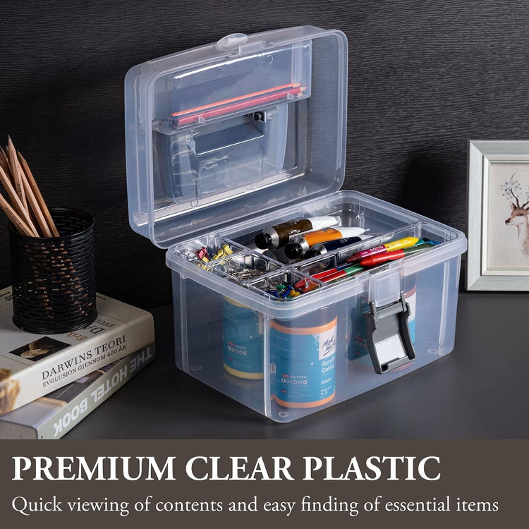 Clear Craft and Sewing Supplies Bin with Detachable Tray and Top Lid Flap, Arts & Crafts Container Organizer Box-MyGift