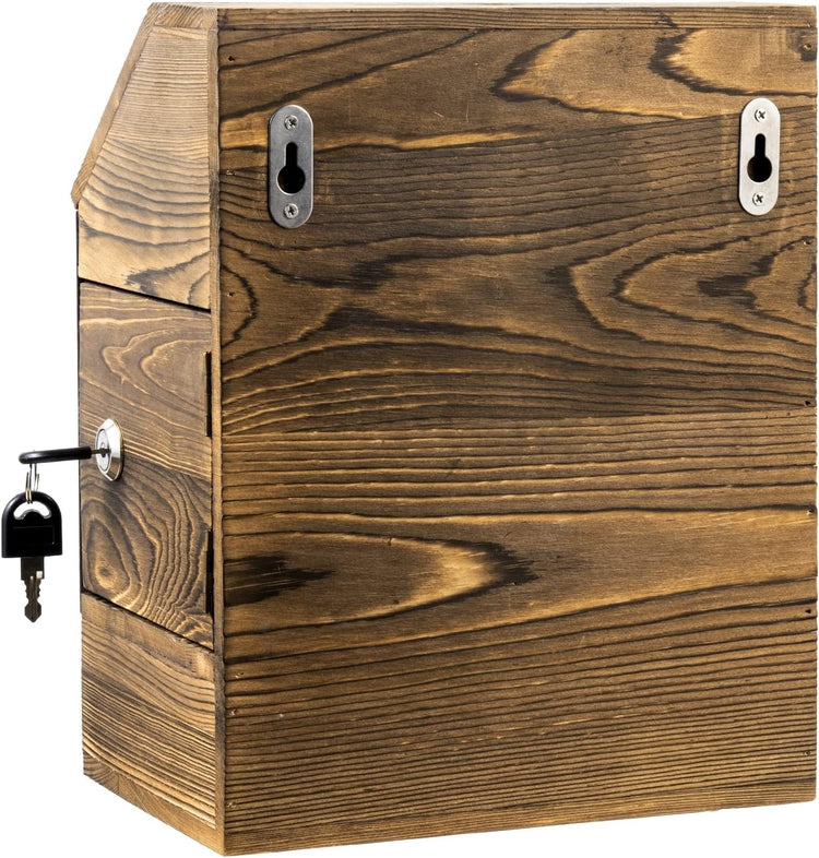 Wall Mountable Burnt Wood Comment Box with Chalkboard Surface, Lock, and Keys, Collection Suggestion Ballot Tip Box-MyGift