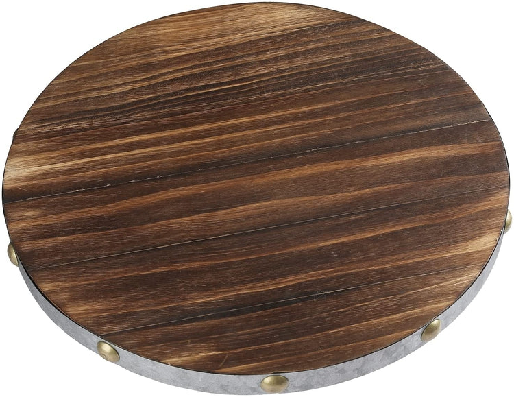 Round Rotating Serving Tray, Burnt Wood and Galvanized Metal Lazy Susan Turntable with Brass Tone Studs-MyGift