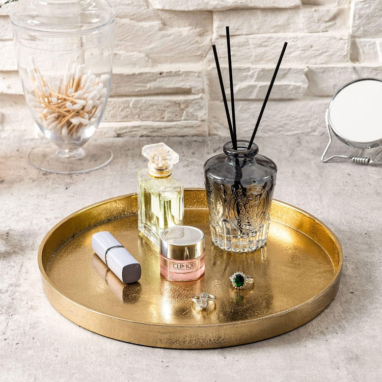 Gold Tone Cast Aluminum Round Serving Tray, Decorative Tabletop Centerpiece Base-MyGift