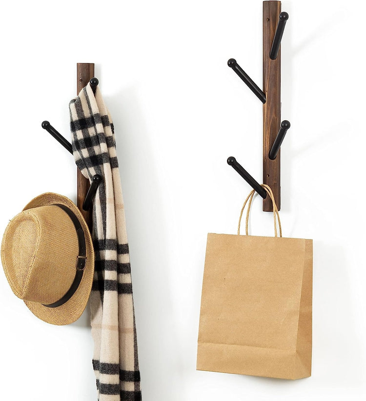 Set of 2, Wood and Black Metal Coat Rack, Vertical Wall Mounted Hat Hanging Coat Tree Hook Rack-MyGift