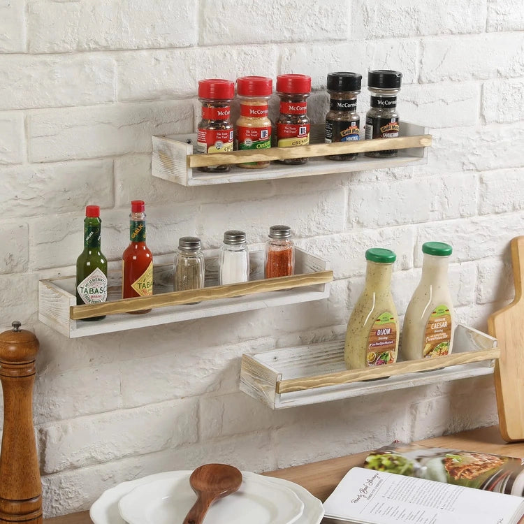 Farmhouse-Style White Washed & Brown Wood Spice Rack