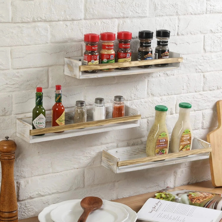 Set of 3, Whitewashed Wood Wall Mounted Spice Rack Shelves, Farmhouse Kitchen Condiment Bottle Hanging Organizer Shelf-MyGift