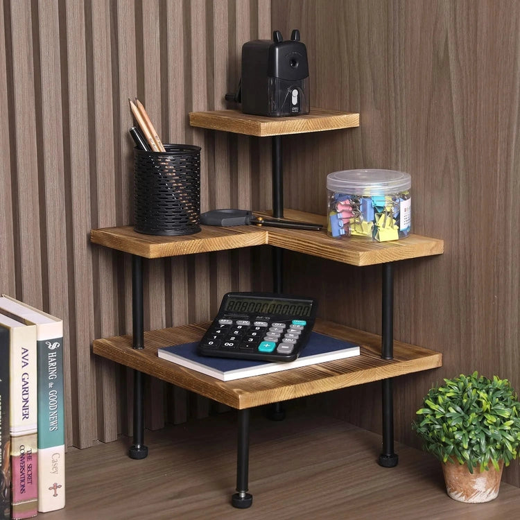 3 Tier Burnt Wood Kitchen Corner Shelf, Counter Spice and Condiment Storage Display Rack, with Black Metal Pipe Legs-MyGift