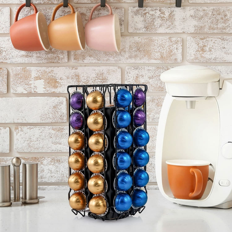 Black Metal Wire 360 Degree Rotating Coffee Pod Capsule Carousel with Coffee Cup Disposable Sleeve Storage Basket-MyGift