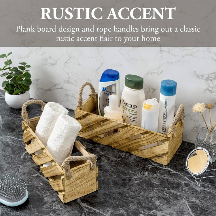 Natural Paulownia Wood Nesting Storage Baskets with Rugged Rope Handles, Carrying Caddy Organizer Bins for Home Bathroom-MyGift