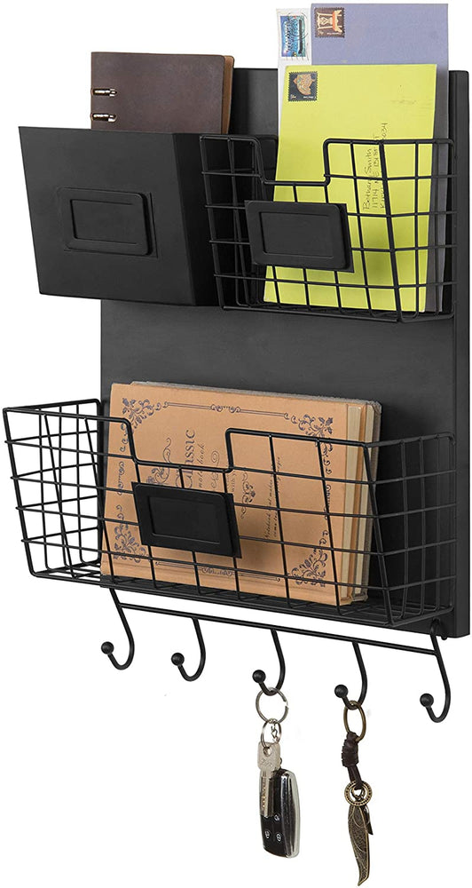 3-Compartment Black Metal Wall Mounted Mail Sorter Organizer Rack with 5 Key Hooks-MyGift