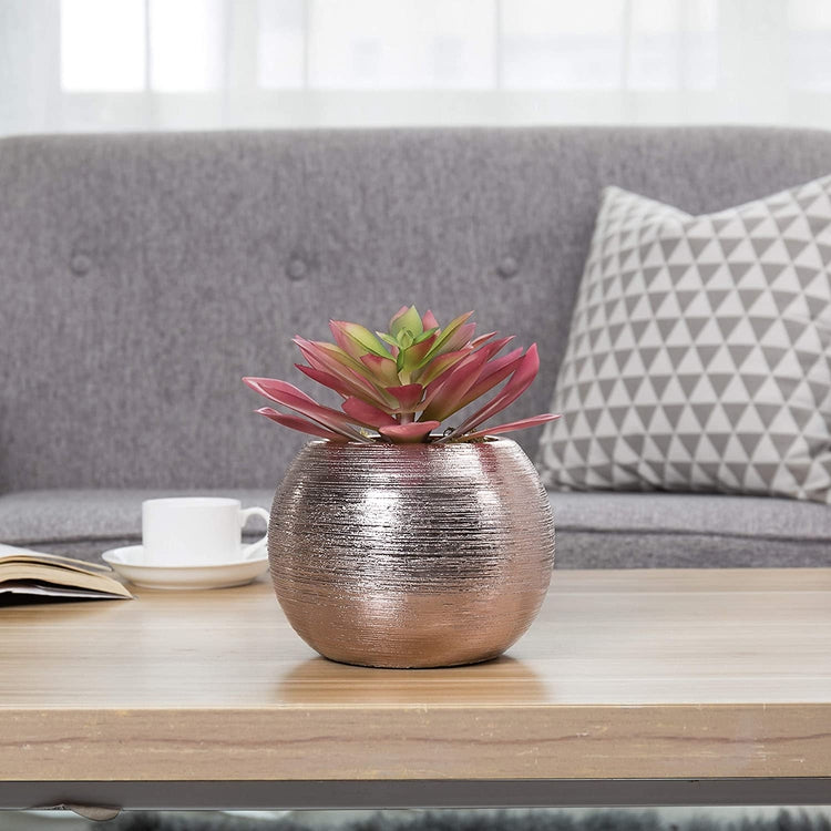 7-Inch Round Rose Gold-Tone Metallic Ceramic Flower Pot, Decorative Bowl Vase-MyGift