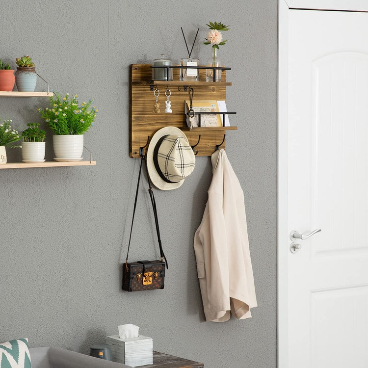 Burnt Wood Entryway Wall Organizer Rack with Mail Holder, Key Hooks, Coat Hooks, and Display Shelves with Metal Rails-MyGift