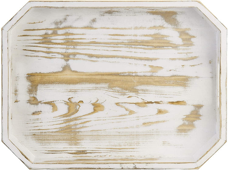 Whitewashed Wood Breakfast Serving Tray with Handles and Angled Corners-MyGift