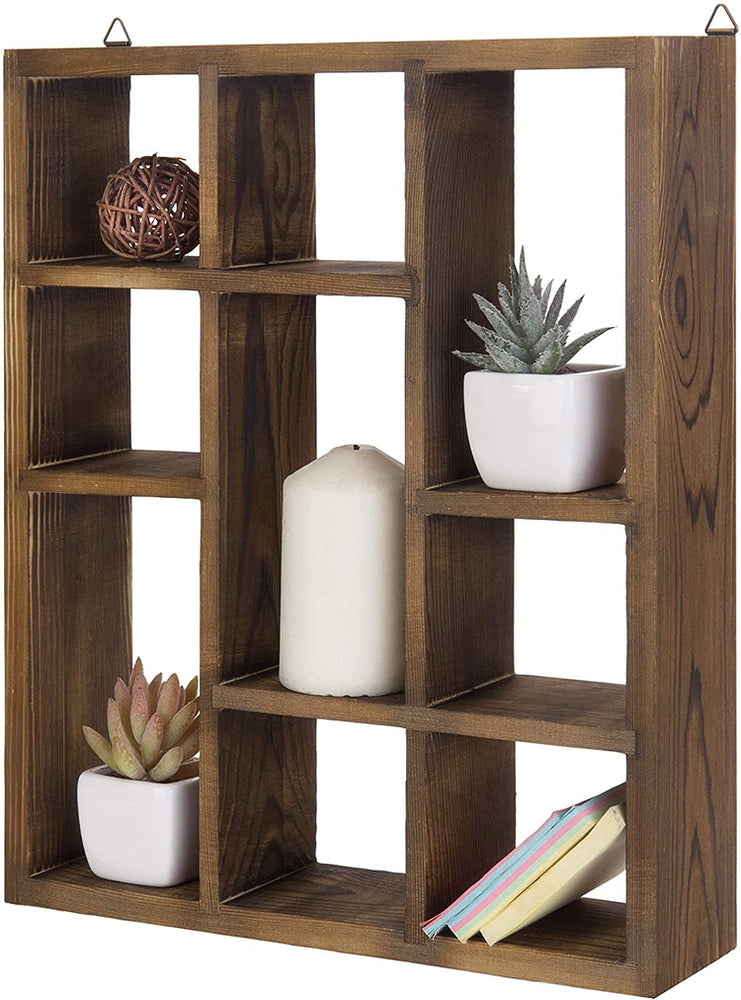 Brown 9-Compartment Wood Freestanding Shadow Box, Wall Mountable Shelf-MyGift
