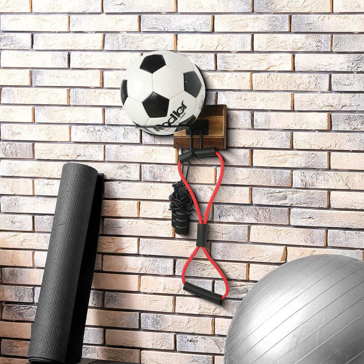 Wall Mounted Sports Storage Rack, Burnt Wood and Round Black Metal Ball Holder with Hanging Hooks-MyGift