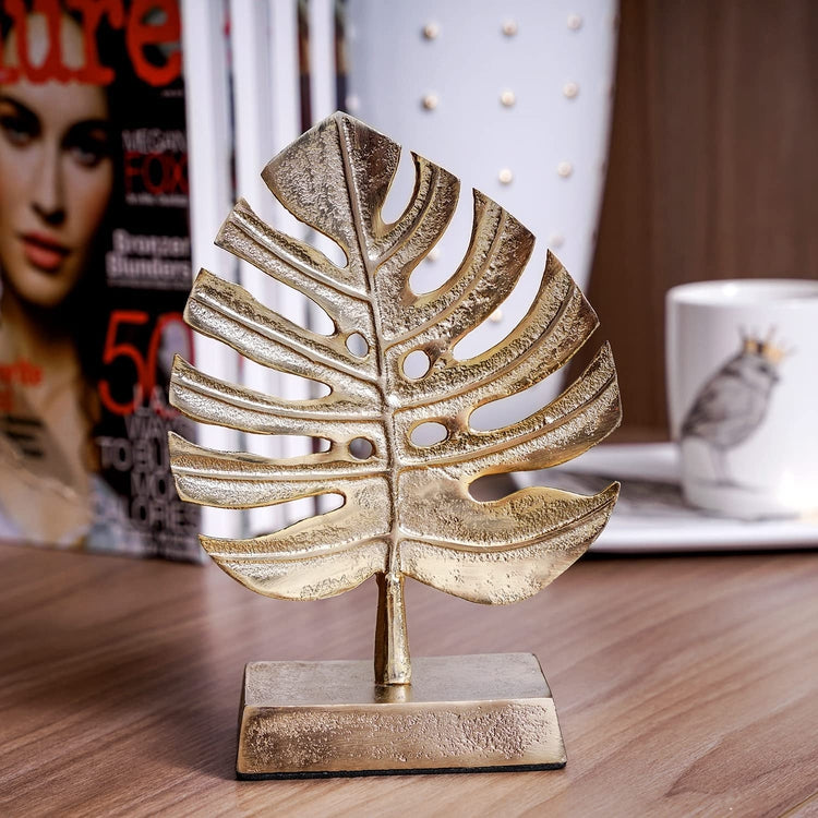 Brass Tone Palm Leaf Sculpture Decor, Monstera Plant Brass Statue, Table Art Sculpture-MyGift