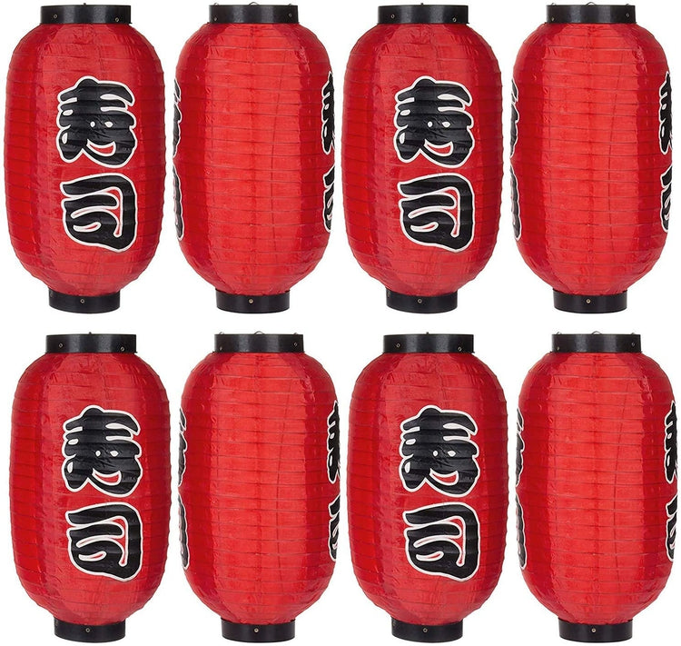 Set of 8, Red Traditional Japanese Style Silk Hanging Lantern Lamps-MyGift