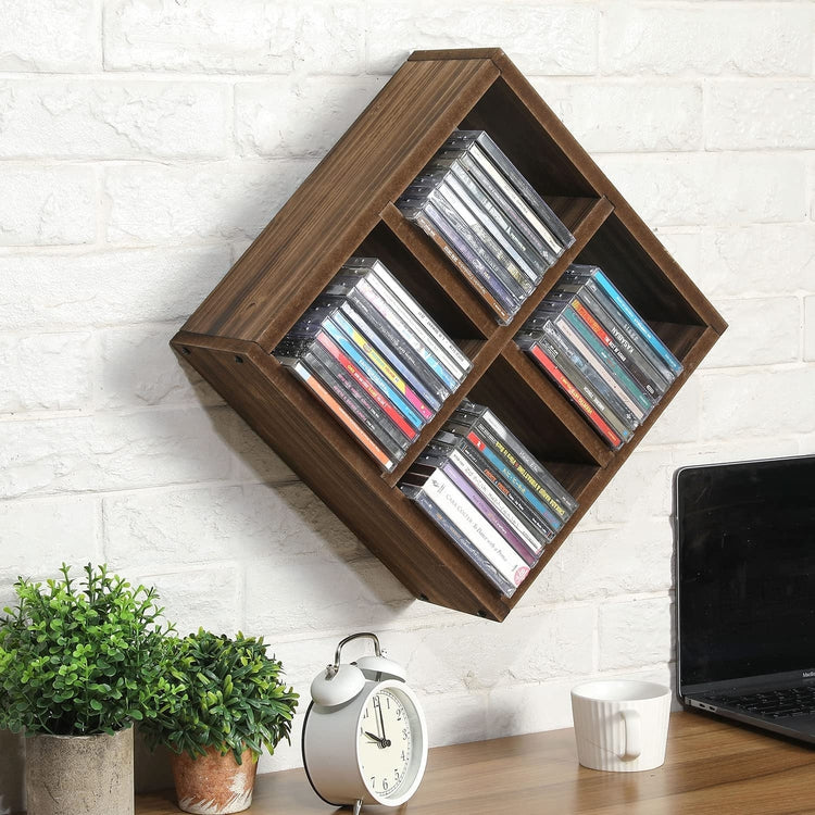 Burnt Wood Shelves Wall Mounted or Tabletop 4-Compartment CD Storage Floating Shelves-MyGift