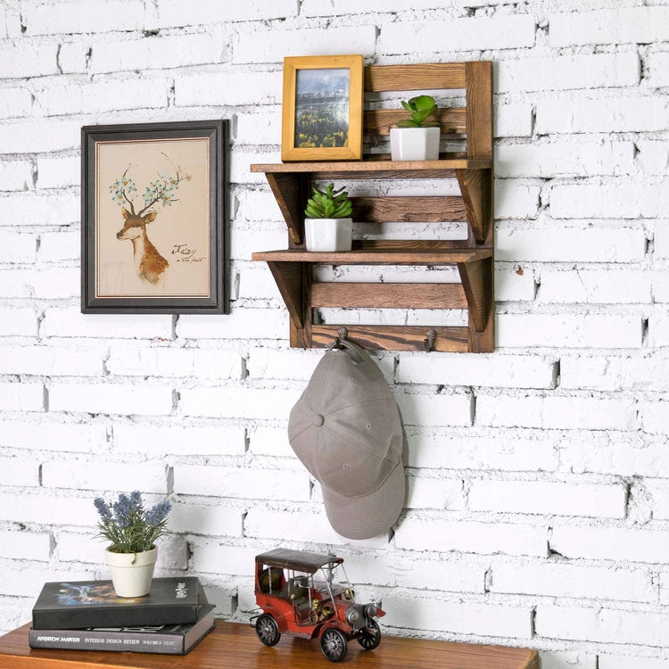 Dark Brown, 2-Tier Wall Mounted Wood Floating Shelf Rack with 2 Key Hooks-MyGift