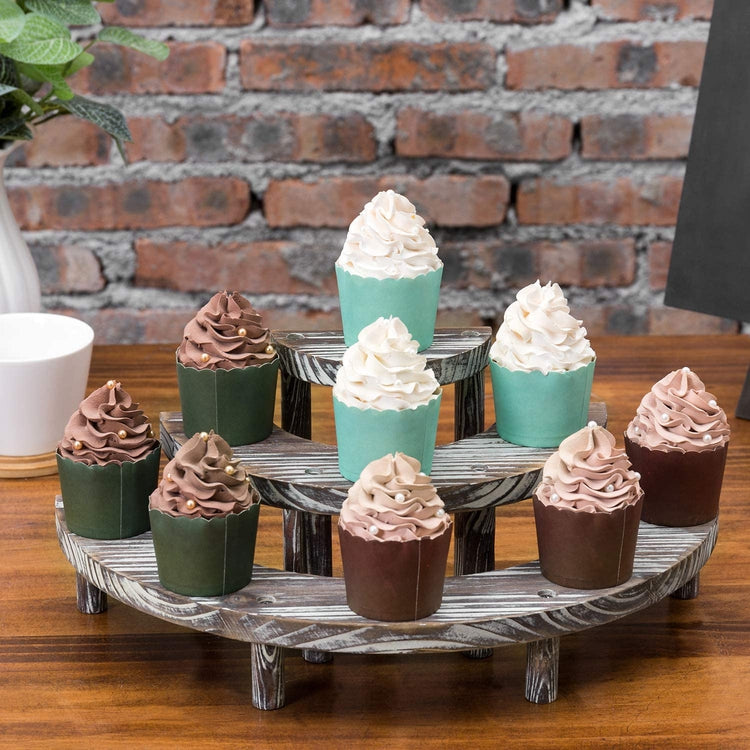 3 Tier Rustic Torched Wood Semicircle Cupcake Stand Display Risers-MyGift
