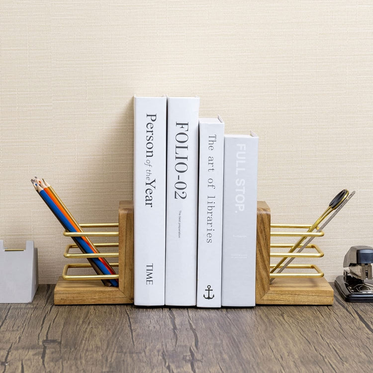 Handcrafted Acacia Wood Bookend Set with Brass Tone Metal Wire Holder Slot Storage for Pens, Pencils, Office Stationery-MyGift