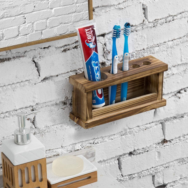 4-Slot Burnt Wood Wall Mounted Toothbrush and Toothpaste Holder Rack ...