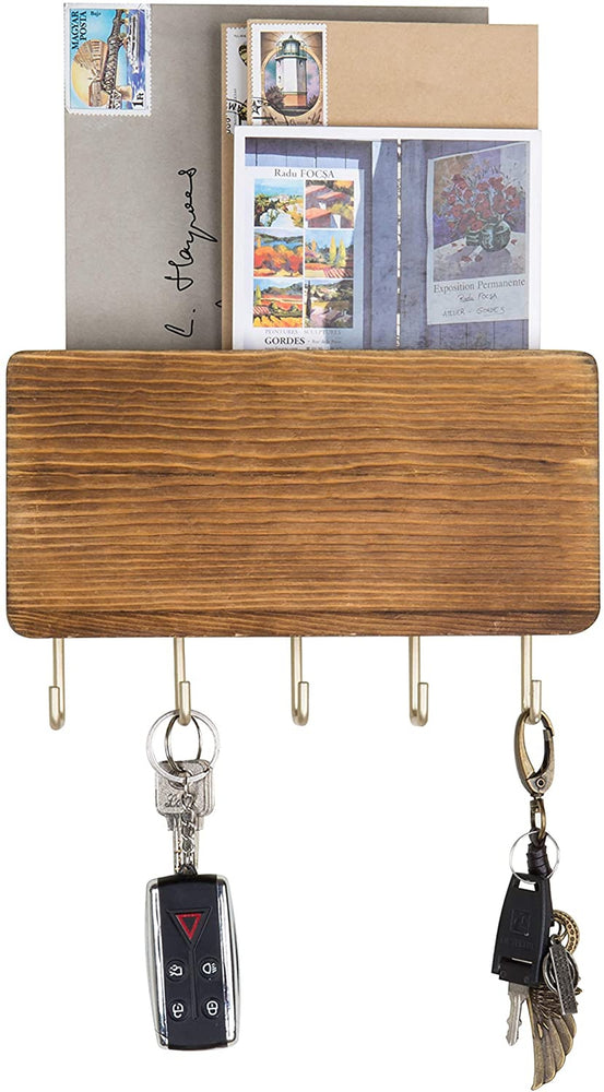 Wood and Brass Metal Entryway Wall Mounted Mail Holder with 5 Key Hook-MyGift