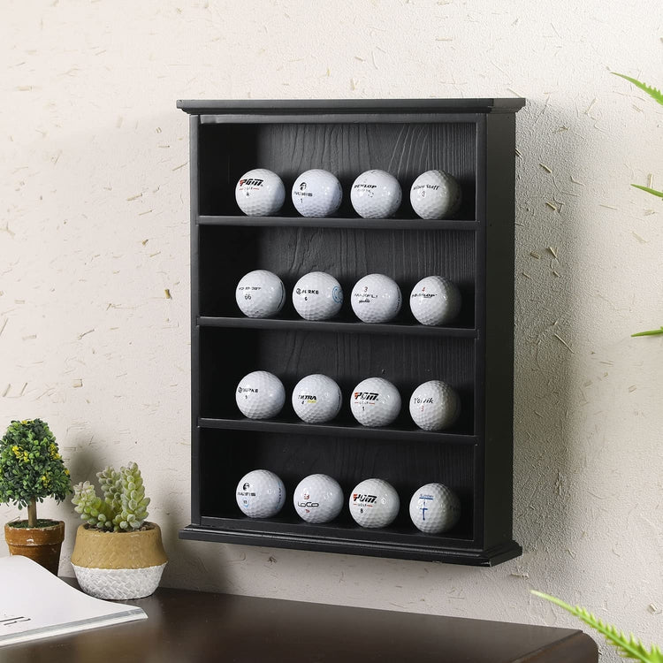 Tiered Golf Ball Holder, Wall Mounted Black Wood Golf Display Case Cabinet Shelf, Holds 16 Balls-MyGift
