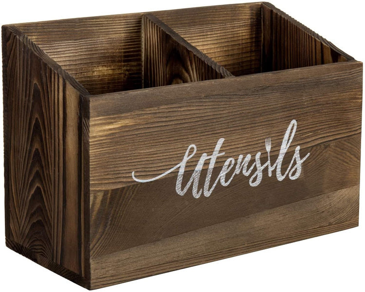 Dark Brown Wood Cooking Utensil Caddy with Cursive "Utensils" Text-MyGift