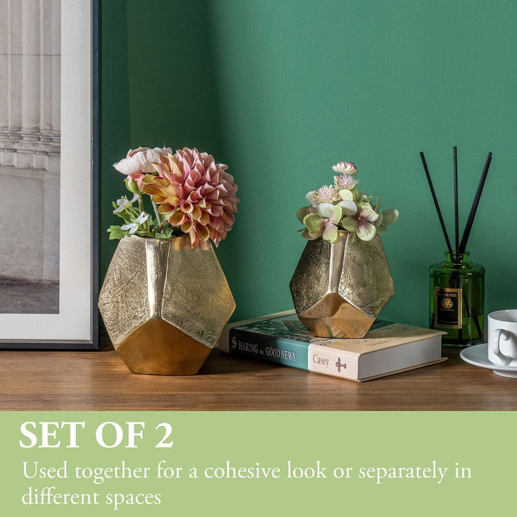 4 and 6 Inch Brass Tone Cast Aluminum Geometric Vases, Pentagonal Vase Centerpiece-MyGift