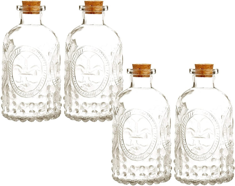 Set of 4, Vintage Embossed Fleur De Lis Glass Bottles with Cork Lid, Apothecary Clear Flower Vases-MyGift