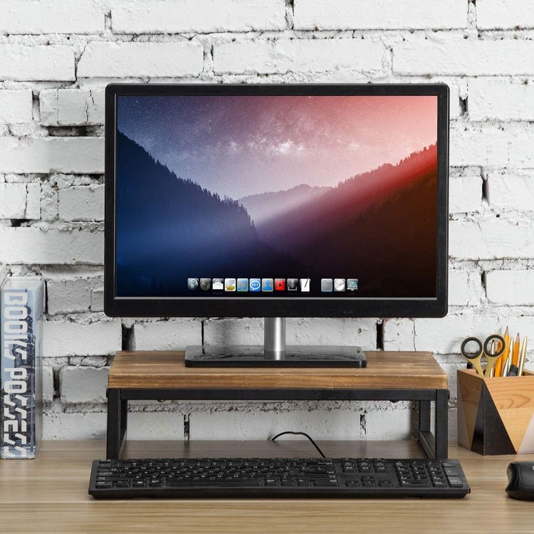 Brown Wood and Black Metal Computer Monitor Display Stand Riser for Desktop, Laptop, Notebook, or Printer-MyGift