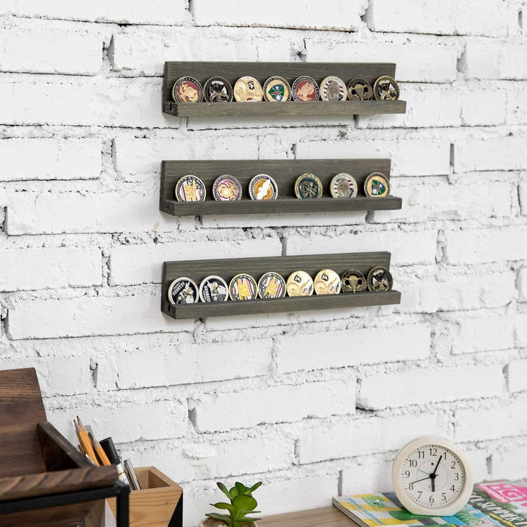 Set of 3, Wall Mounted Gray Wood Military Coin Holder and Casino Chip Display Shelf-MyGift