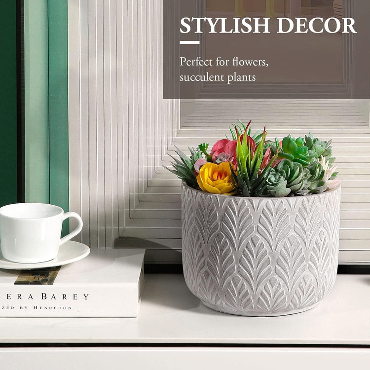 8 inch Gray Round Cement Succulent Planter, Garden Flower Pot with Embossed Tropical Palm Leaf Pattern Design-MyGift
