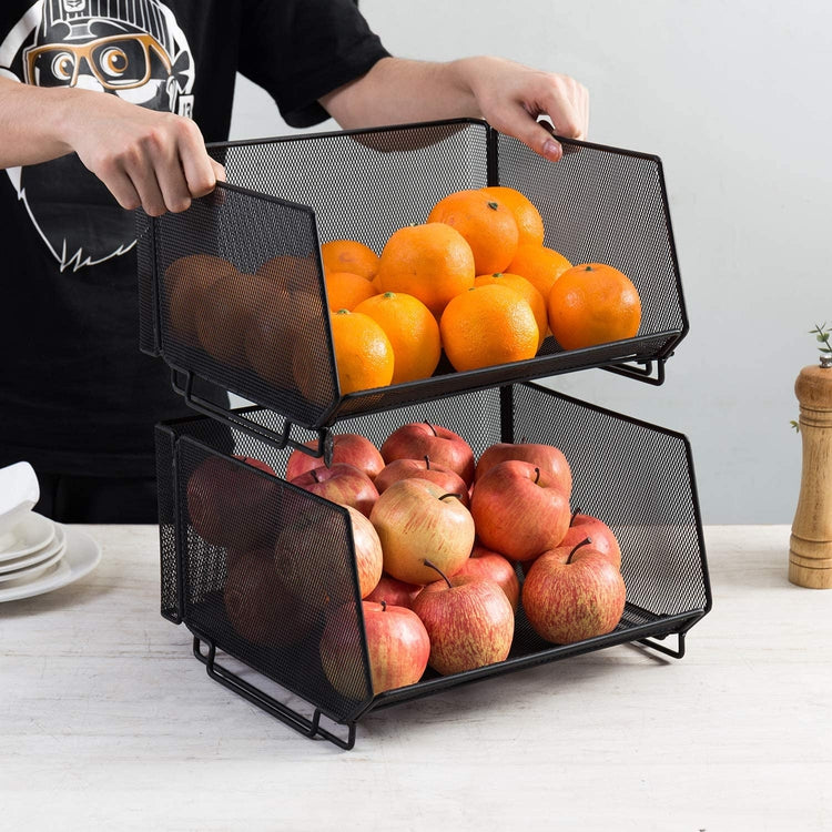 Set of 2, Deluxe Stackable Metal Wire Mesh Fruit & Produce Basket Rack, Kitchen Stacking Storage Bin-MyGift
