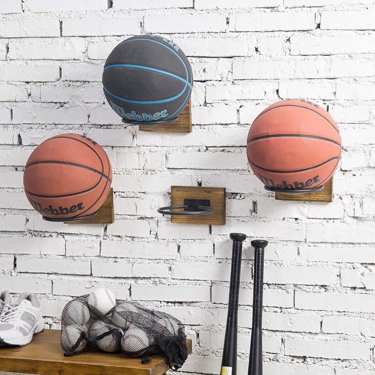 Set of 4, Wall Mounted Wood and Metal Sports Ball Storage Holders-MyGift