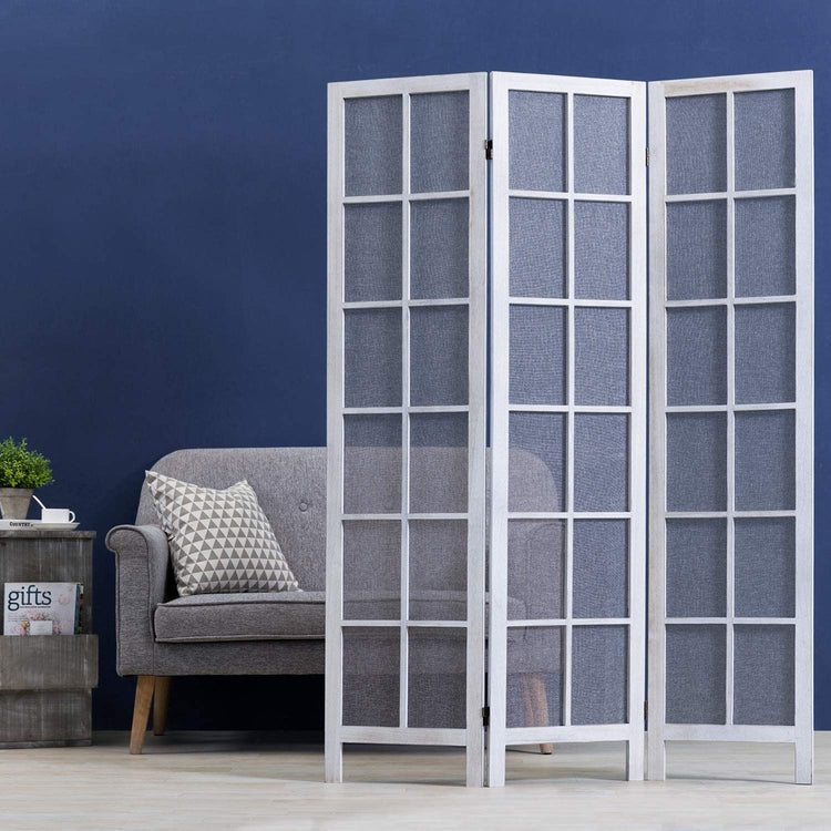 3-Panel, Whitewashed Wood Room Divider with Semitransparent Fabric Screen-MyGift