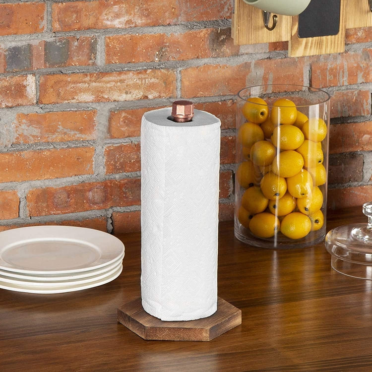 Industrial Copper-Tone Pipe & Burnt Wood Countertop Paper Towel Holder-MyGift