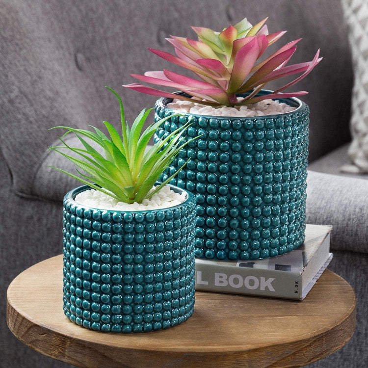 Set of 2, Dark Turquoise Ceramic Hobnail Textured Flower Planter Pots-MyGift